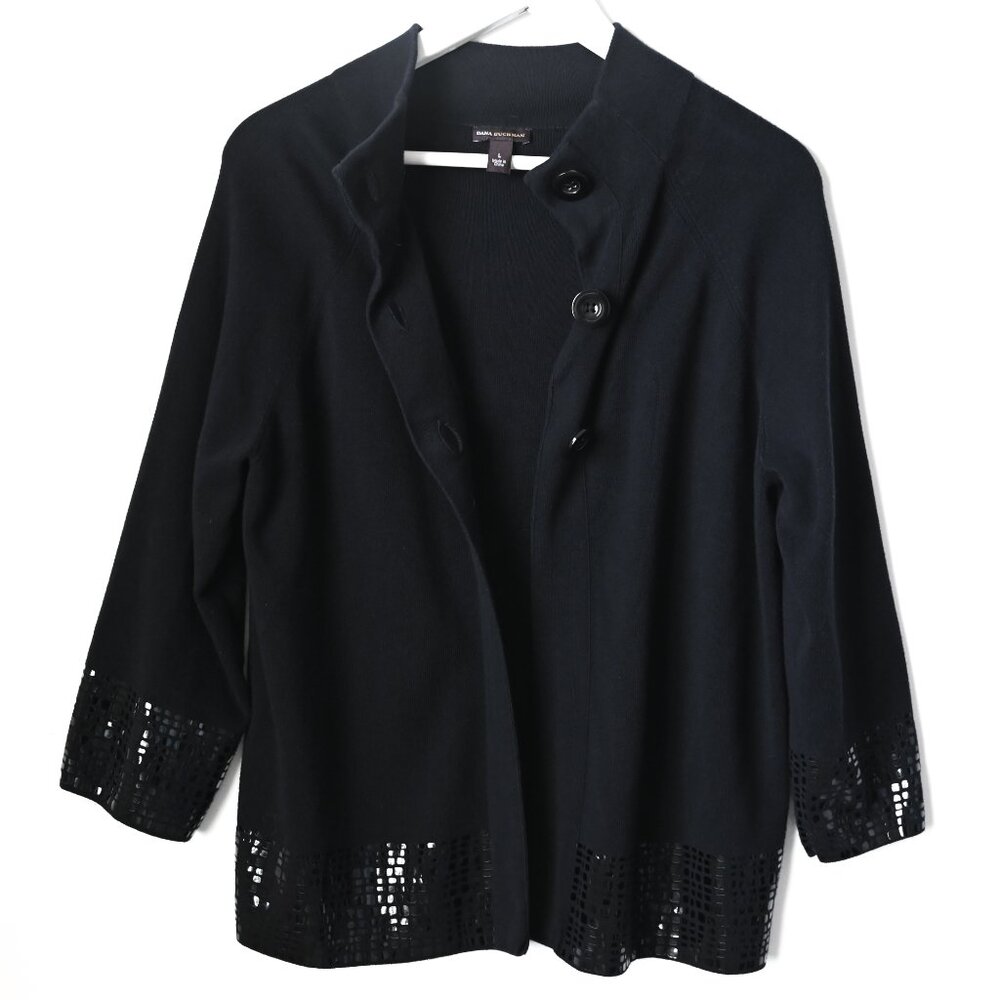 DANA BUCHMAN Black Mock Neck Buttoned Black Cardigan with Embellishments - Large - Picture 3 of 10